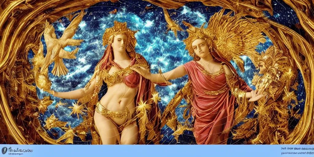 Image similar to majestic neorococo sistina saint Woman Venus godness Athena beautiful gracious pagans marble and gold in space stars clouds doves suns greeks Hyperion