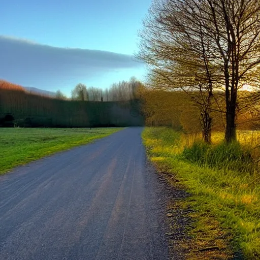 Image similar to Beautiful cameraphone, soft liminal Photograph of an estate road, early morning, small flat lake in the background