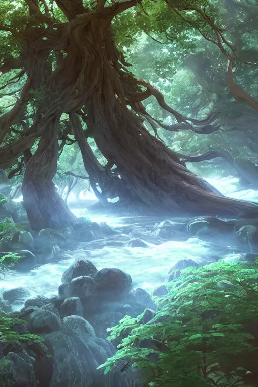 Image similar to ethereal river flowing through a giant ancient tree, serene evening atmosphere, soft lens, soft light, cel - shading, animation, in the style of cgsociety, deviantart, artstation, zbrush, cinema 4 d, studio ghibli, akihiko yoshida, atelier lulua, masamune shirow