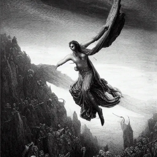 Prompt: art by gustave dore, perilous descent