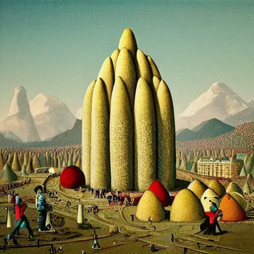 Image similar to The land art depicts a city made entirely out of kulich, a traditional Russian Easter bread. The city is bustling with activity, as people go about their day-to-day lives. The illustration is playful and whimsical, with a touch of magic. by Franz Sedlacek