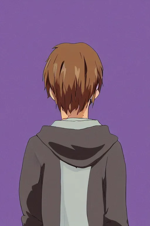 Image similar to young man in a purple hoodie, back view, messy short brown hair, colourful, 8 k, anime, ghibli style, graphic novel, digital art trending on artstation