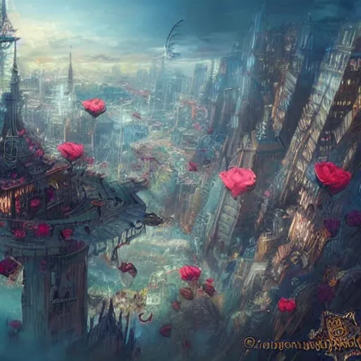 Image similar to rose - shaped city, sky, fantasy art, steampunk