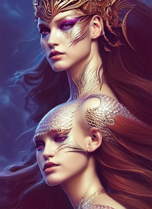 Prompt: portrait of mermaid warrior, intricate, sharp focus, octane render, detailed, beautiful, unreal engine, symmetrical!!, loreal, maybelline, sephora, loreal, artstation, art by karol bak, art by artgerm, rossdraws, makeup by pat mcgrath, cinematic, concept art, filmic, vsco