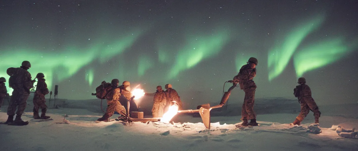 Prompt: a high quality color creepy atmospheric dimly lit closeup film 3 5 mm depth of field photograph of us soldiers pouring cans of gasoline along the perimeter of homes in mcmurdoch station in antarctica in 1 9 8 2 with the aurora borealis in the sky at night