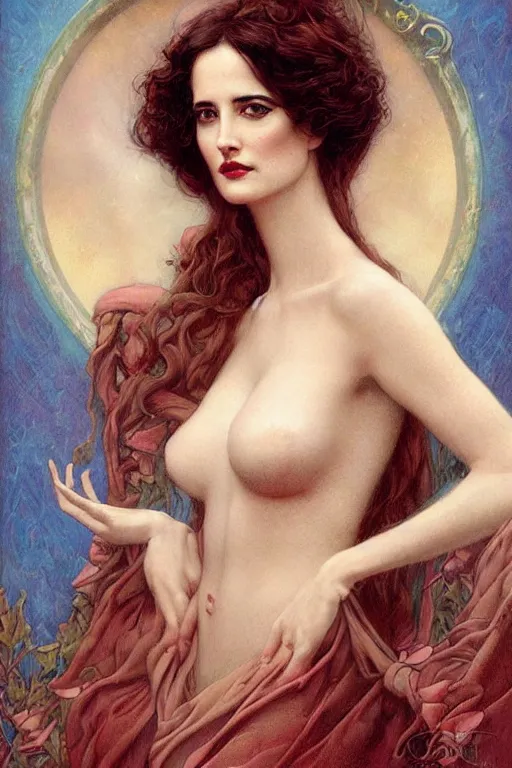Image similar to Eva Green by Tom Bagshaw in the style of Gaston Bussière, art nouveau