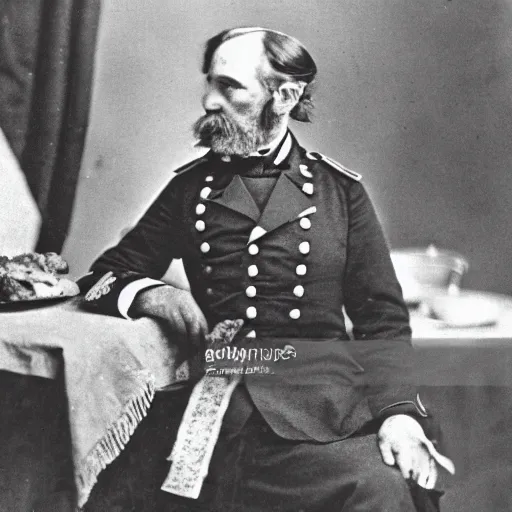 Image similar to a 1 8 5 8 photo of general pitzer a union general eating a large chicken burrito with cheese and salsa