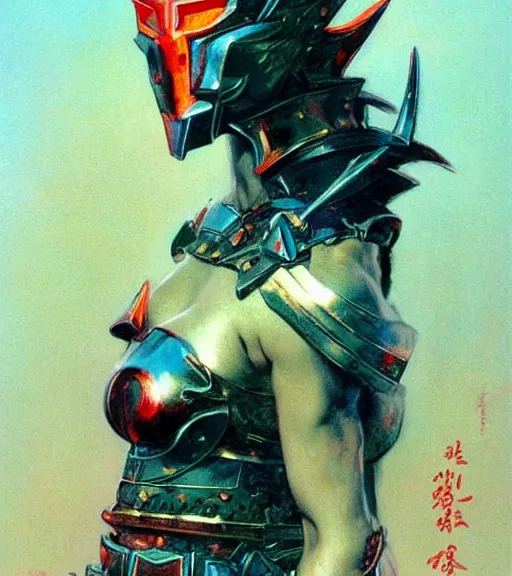 Image similar to portrait of strong korean female chaos angel, beautiful! coherent! by frank frazetta, by brom, strong line, vivid neon color, spiked scrap metal armor, iron helm maximalist