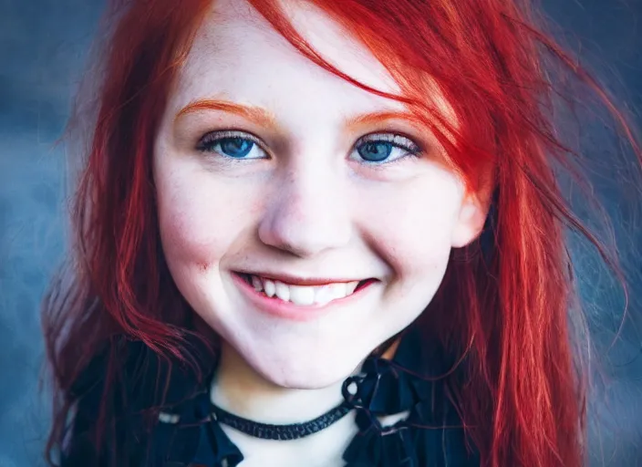 Image similar to portrait of a red haired girl with a choker necklace, and a beautiful smile