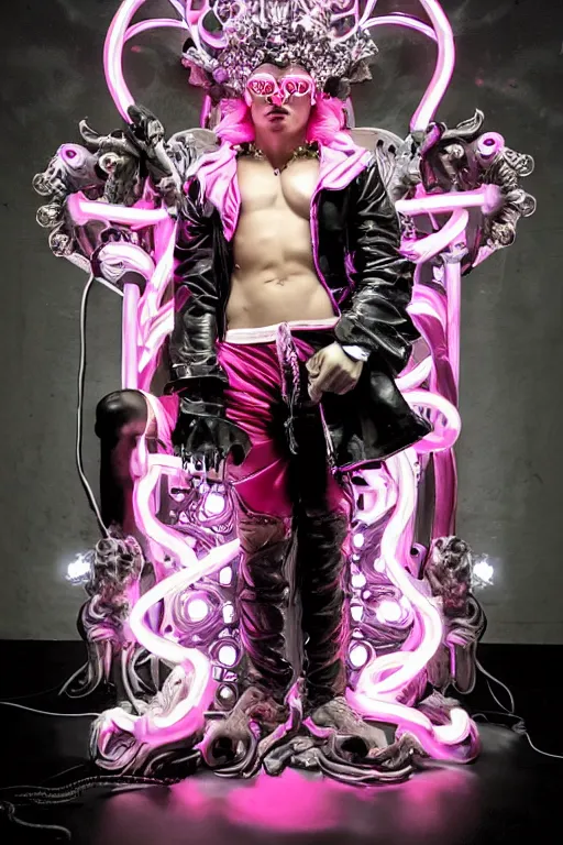 Image similar to full-body rococo and cyberpunk style neon statue of a muscular attractive Ekko wearing cholo shades macho dotado e rico android sim roupa reclining con las piernas abertas e la piroca dura, ethereal white dripping tar, glowing orange lasers, pink tigers, glowing eyes, silver prince crown, black gears, pink diamonds, swirling mint-colored silk fabric. futuristic elements. full-length view. human skulls. large intricate artwork by caravaggio. Trending on artstation, octane render, cinematic lighting from the right, hyper realism, octane render, 8k, depth of field, 3D