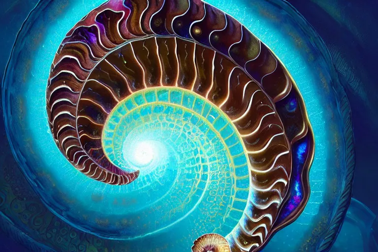 Image similar to portrait of a fractalized ammonite, filigree, delicate, highly detailed, beautiful opalescent colours, unreal engine, fantasy art by greg rutkowski, rhads, ferdinand knab, makoto shinkai and lois van baarle, ilya kuvshinov, rossdraws, tom bagshaw, global illumination, radiant light,