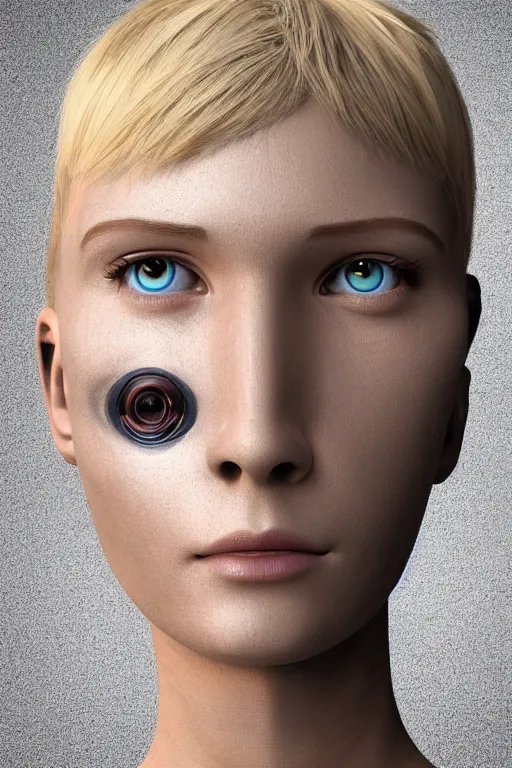 Image similar to robot with human face, female head, woman human face, human face realistic, human head, human head with blonde hair, blonde hair human head, blonde hair, human realistic face, human head skin, cyborg frame concept, cyborg by ales-kotnik, sci-fi android female