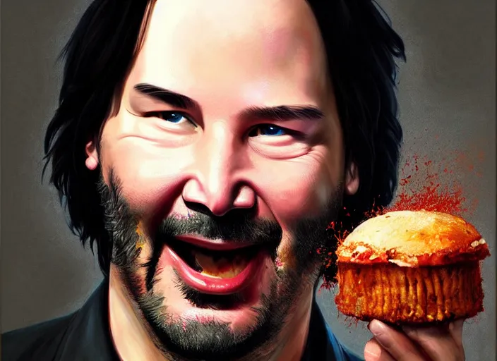 Prompt: extremely!! fat!!!!!!!!! keanu reeves, celebrating, eating, extremely happy, birthday painting, elegant intricate digital painting artstation concept art by mark brooks and brad kunkle detailed
