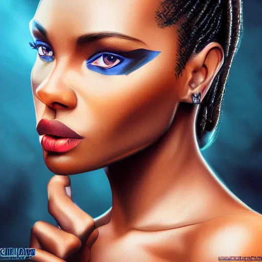 Prompt: closeup of a beautiful brown - skin woman with blue - within - blue eyes of, intricate, highly detailed, smooth, sharp focus, full body, detailed face, high contrast, art by oliver wetter,