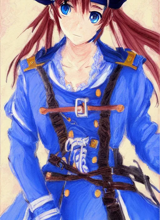 Image similar to a portrait of a female pirate, blue uniform, very anime in impressionist style, anime trending artwork, anime painter studio, by claude monet