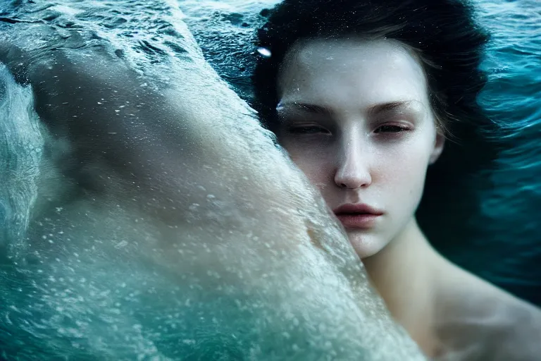 Prompt: an ultra realistic, cinematic, fantasy, portrait, of a beautiful woman, face in water, dramatic, soft light, dreamy, facial features, in the ocean, detailed, deep focus, movie still, dramatic lighting, ray tracing, by michal karcz and yoshitaka amano