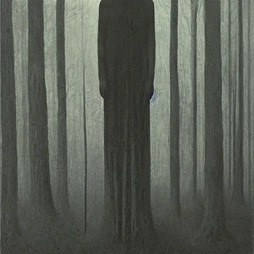 Image similar to “ tall figure in the woods, beksinski, dark ”