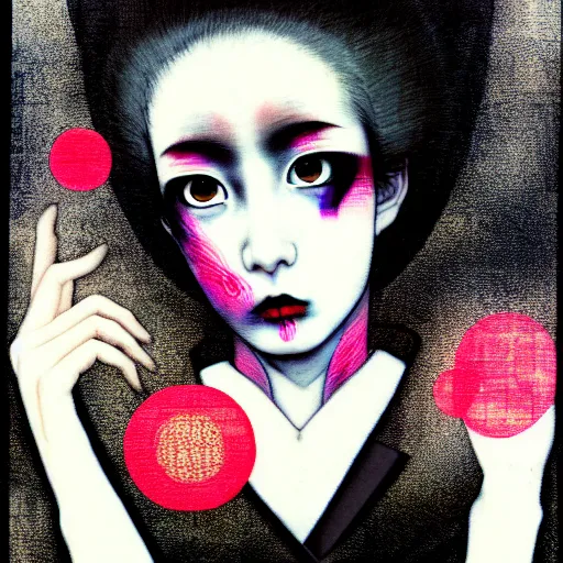 Image similar to yoshitaka amano blurred and dreamy minimalistic three quarter angle portrait of a young woman with black lipstick and black eyes looking up and to the side wearing dress suit with tie, junji ito abstract patterns in the background, satoshi kon anime, noisy film grain effect, highly detailed, renaissance oil painting, weird portrait angle, blurred lost edges