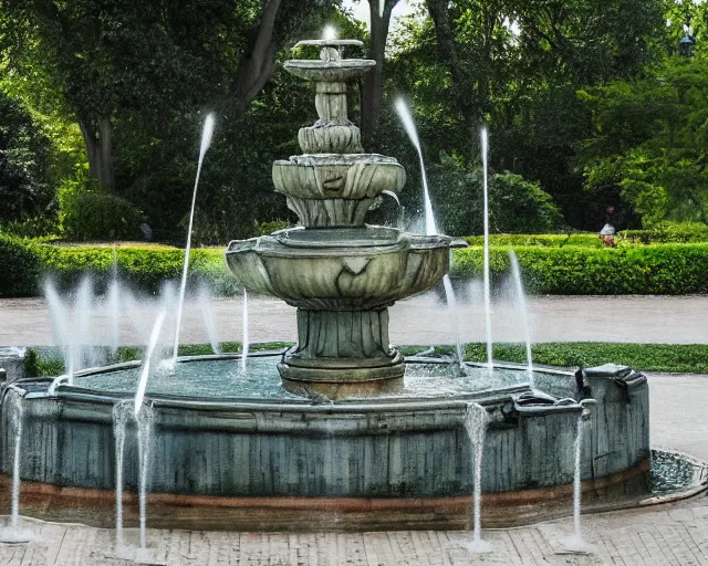 Image similar to a photorealistic photo of a fountain in a park