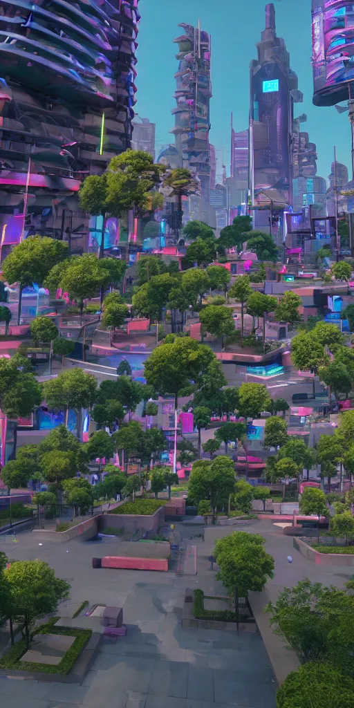 Prompt: park in the middle of a cyberpunk city drawn by jack kirby, 8 k, raytracing, unreal engine 5,