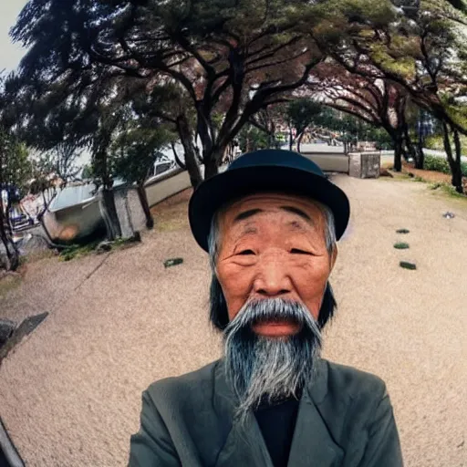 Image similar to Fisheye selfie of an old japanese man with long beard