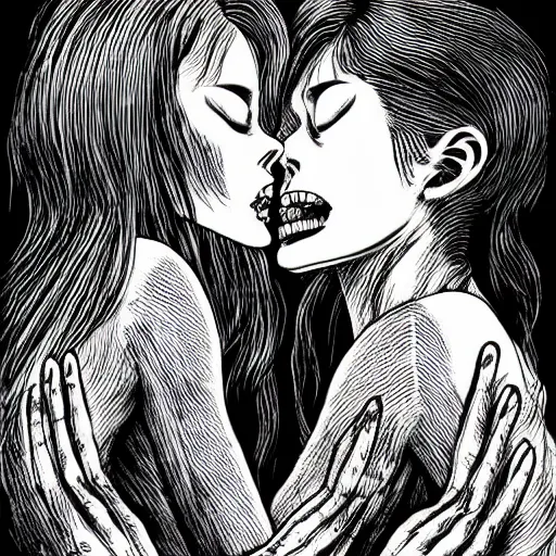 Image similar to two monstrous women kissing each other with long spiraling lips, eldritch abomination, horror manga illustration by junji ito, key visual, monochromatic