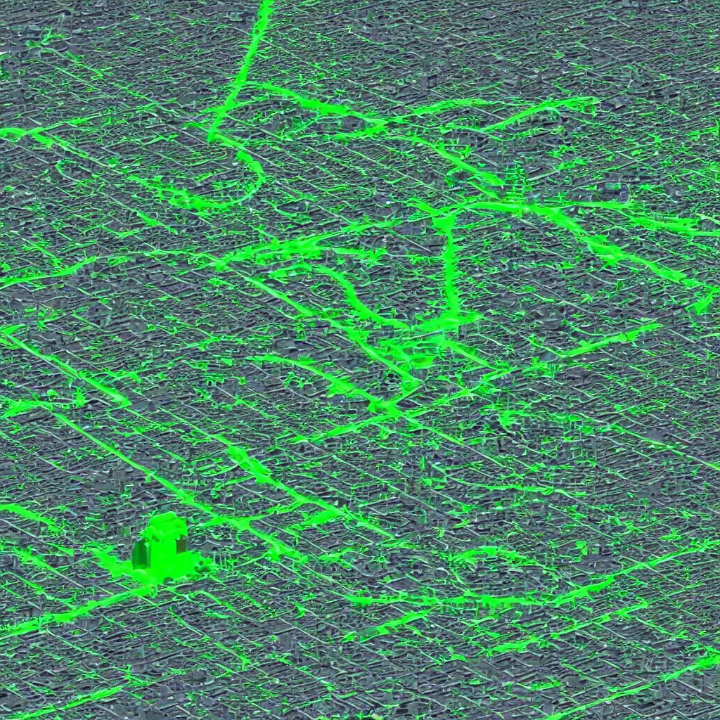 Image similar to satellite view imagery of advanced alien civilisation with large public transport. Green glowing factory. Extreme zoom, housed visible.