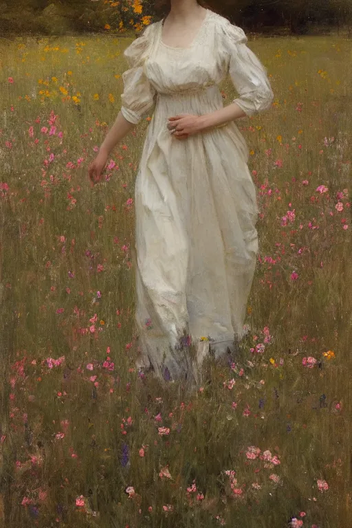 Image similar to Richard Schmid and Jeremy Lipking full length portrait painting of a young beautiful edwardian girl walking through a field of tall flowers