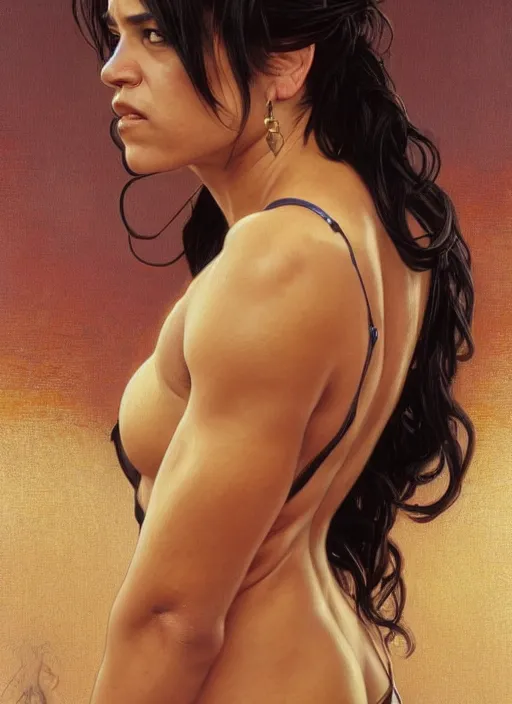 Prompt: Michelle Rodriguez as feisty latino woman, tasteful portrait, intricate, elegant, highly detailed, centered, digital painting, artstation, concept art, smooth, sharp focus, illustration, art by artgerm and donato giancola and alphonse mucha