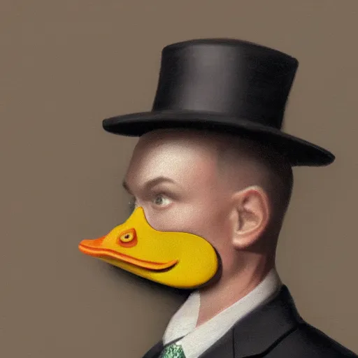 Image similar to a high detail photo of a man with a duck's head wearing a suit, photorealism