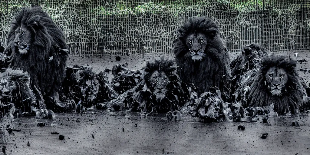 Image similar to the pack of smooth black lions, made of smooth black goo, in the zoo exhibit, viscous, sticky, full of black goo, covered with black goo, splattered black goo, dripping black goo, dripping goo, splattered goo, sticky black goo. photography, dslr, reflections, black goo, zoo, exhibit