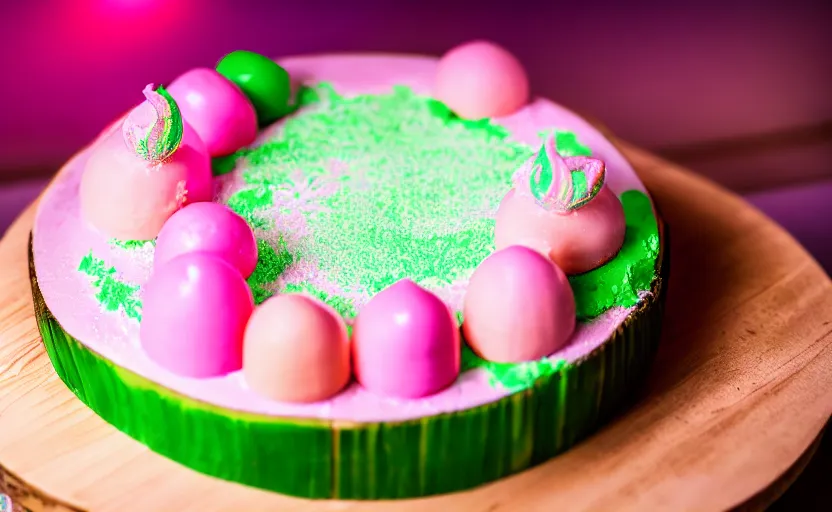 Prompt: A photo of a swedish princess cake from the side on a wooden table, covered with pink marzipan, some powder sugar and a green marzipan leaf in the center. Sunset. 4K. Cinematic lighting. High detail. Realistic. Delicious.