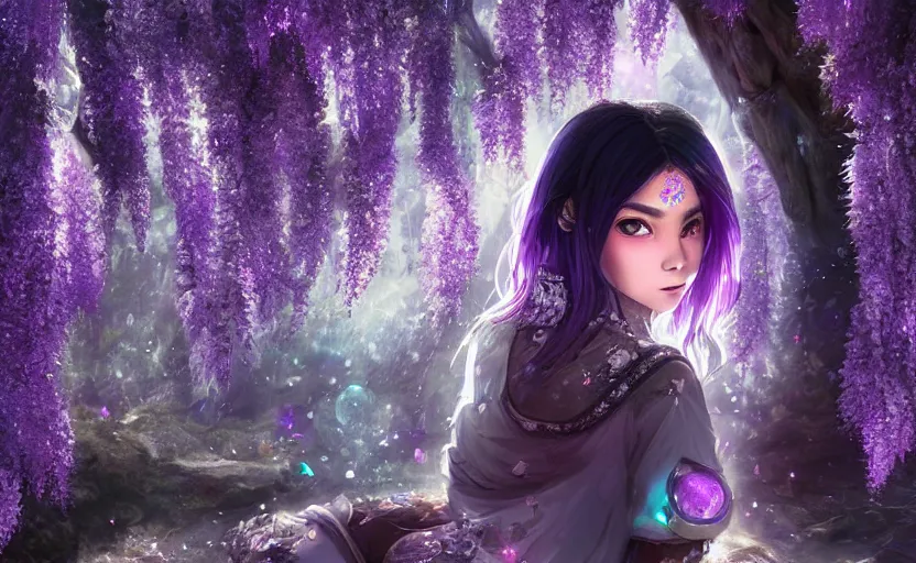 Image similar to beautiful Himalayan woman with purple cat-eyes, silver hair and black hair split, glowing crystals on the ground, somber, scene of a summer forest with glowing blue wisteria , 8k hdr pixiv dslr photo by Makoto Shinkai and Wojtek Fus