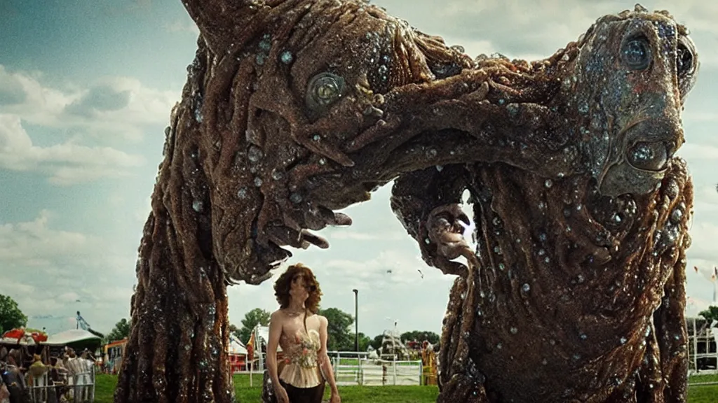 Image similar to the strange creature at the county fair that knew who I was, made of water, film still from the movie directed by Denis Villeneuve with art direction by Salvador Dalí, wide lens