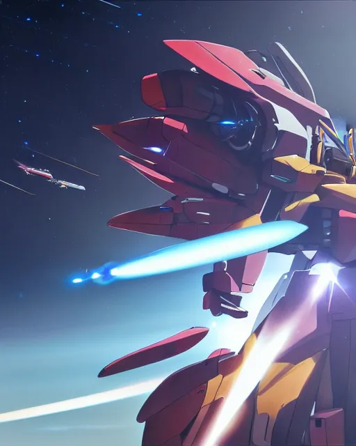 Image similar to highly detailed vfx portrait of a gundam with wings of feathers beam saber fighting in space with a beam gun, unreal engine, greg rutkowski, loish, rhads, beeple, makoto shinkai and lois van baarle, ilya kuvshinov, rossdraws, tom bagshaw, alphonse mucha, global illumination, detailed and intricate environment