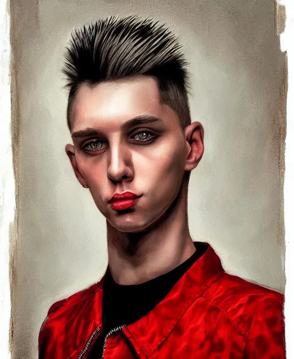 Image similar to portrait of a handsome young punk rocker, art by denys tsiperko and bogdan rezunenko and franz xaver kosler, hyperrealism