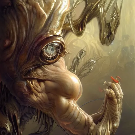 Image similar to whirling portrait of a twisting bloodied filigreed genderless insect alien monster, muscles, rippling, space warping, ultra realistic, concept art, intricate details, eerie, highly detailed, photorealistic, octane render, 8 k, unreal engine. art by artgerm and greg rutkowski and alphonse mucha