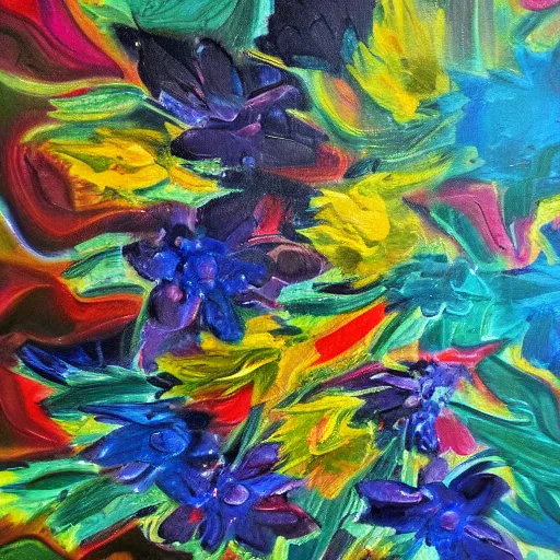 Prompt: an oil painting of abstract dripping flowers by bobby burgers