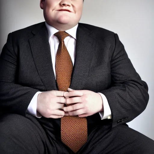 Prompt: Andy Richter is wearing a chocolate brown suit and necktie. He is in a bedroom lit by bright morning light and sitting upright in a bed stretching his arms. His mouth his wide open from yawning.