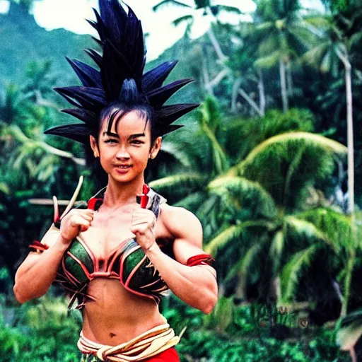 Image similar to Saiyan warrior girl, muscular girl, wild spiky black electrified hair, wearing kung fu uniform, walking through Bali, 1977, tropical palm trees, colorized