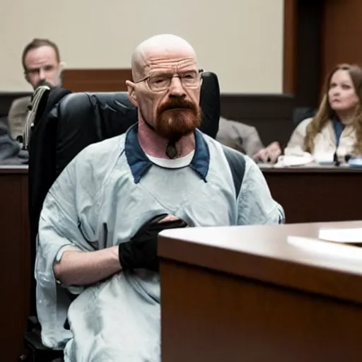 Prompt: walter white with a rough beard, wearing an oxygen mask, sitting in a wheelchair in a courtroom.