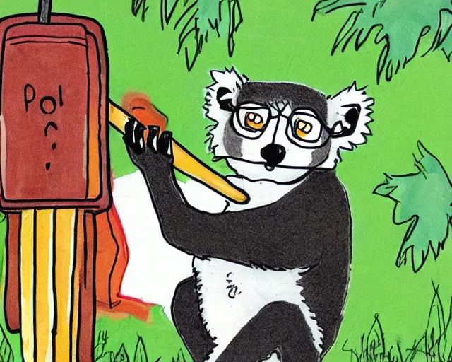 Prompt: a bill waterson drawing of a lemur eating a popsicle