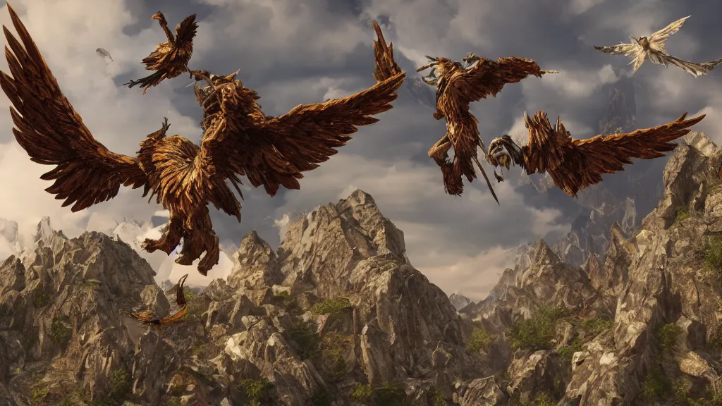 Prompt: a flying ornate slay pulled by griffins, piloted by a wizard, Above the mountains, hyperrealistic, octane