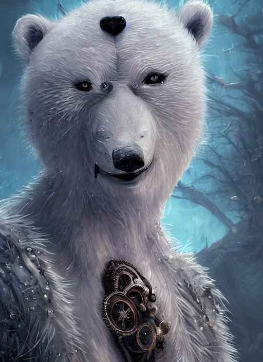 Image similar to white furry polar bear, steampunk googles, highly detailed, unreal engine 5, cinematic, 8 k, by megan duncanson, benjamin lacombe, adrian borda, stanley artgermm, tom bagshaw, craig mullins, carne griffiths, ayami kojima, beksinski, giger, trending on deviantart, hyper detailed, horror, full of colour