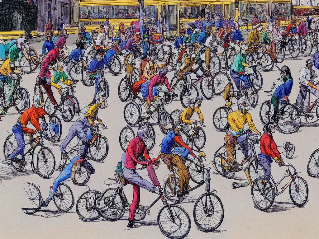 Prompt: masked riders on very large bicycles playing bike polo, sport, in style of moebius, by jean giraud, highly detailed, harsh daylight, colorful