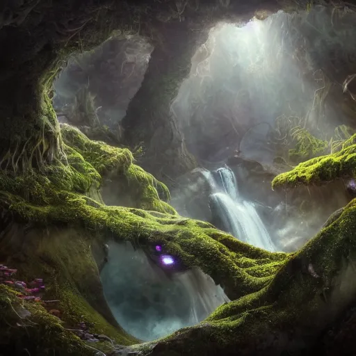 Prompt: tom bagshaw, mythical gigantic space cavern, ultra realist 3 d render curiosities carnival pond vegetation rocks mushrooms and tentacles covered moss, luminescent wisps, stunning waterfall, accurate features, focus, very intricate ultrafine details, random volumetric lighting, fog, award winning masterpiece, octane render 8 k hd, artstation