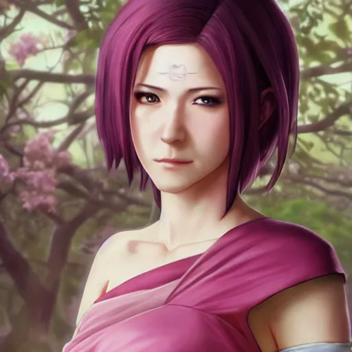 Image similar to sakura haruno in a wedding dress, cg animation, riot entertainment, arcane, realistic, character select portrait, by artgerm, greg rutkowski, alphonse mucha, 3 d