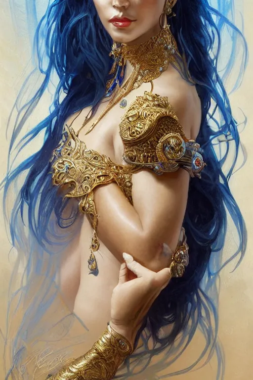 Prompt: a beautiful woman with deep blue, sparkly skin, big ram horns, flowing dress, gold jewellery, dnd, face, fantasy, intricate, elegant, highly detailed, digital painting, artstation, concept art, smooth, sharp focus, illustration, art by artgerm and greg rutkowski and alphonse mucha