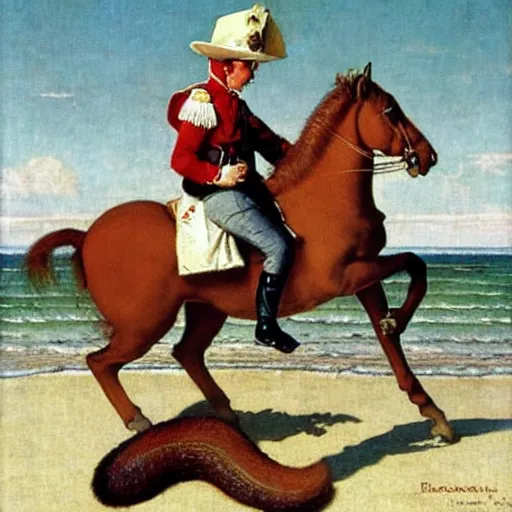 Image similar to napoleon riding a squirrel!!! on the beach with hyacinth!!!! by norman rockwell