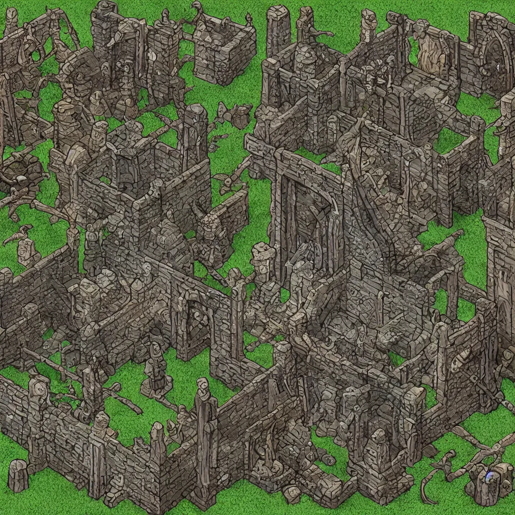 Image similar to tomb of elemental evil, isometric view, tileset, dungeons and dragons art by d. a. trampier, d & d tabletop miniature